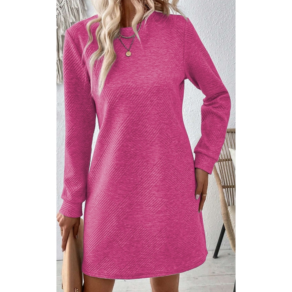 Pink Round Neck Textured Mini Dress